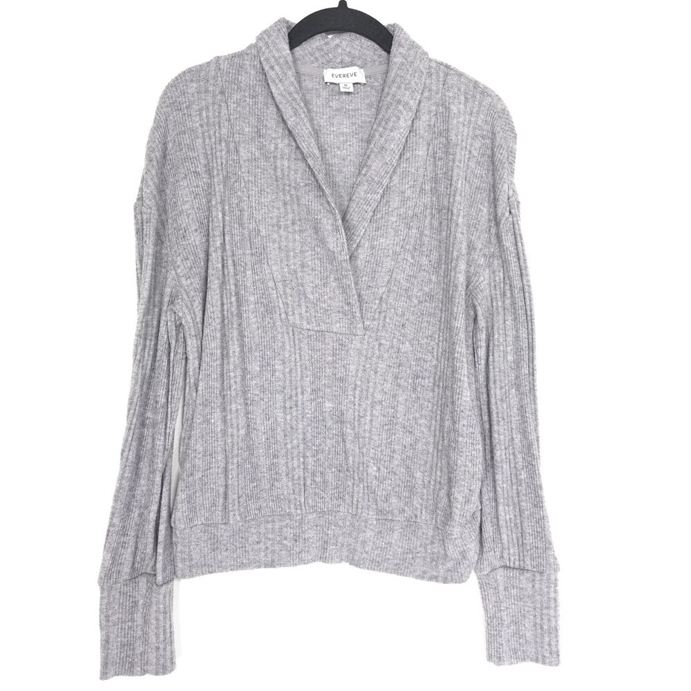 EVEREVE Sweater MEDIUM Ribbed Knit Pullover‎ Gray Shawl Neck EK4246616E